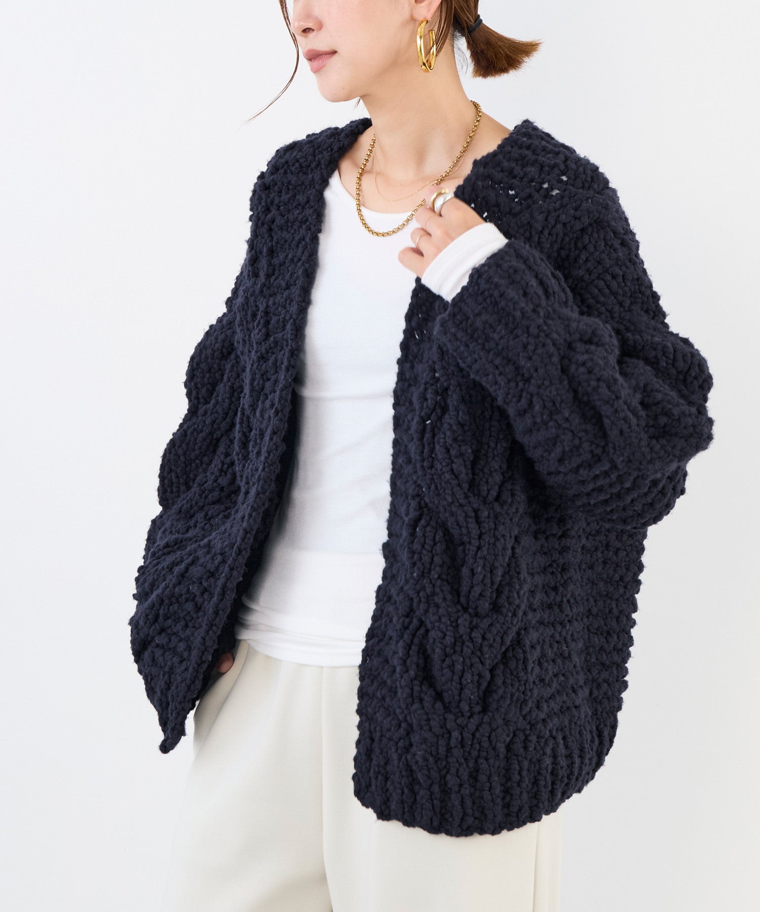IRONING】ケーブルニットカーディガン-cable rough cardigan