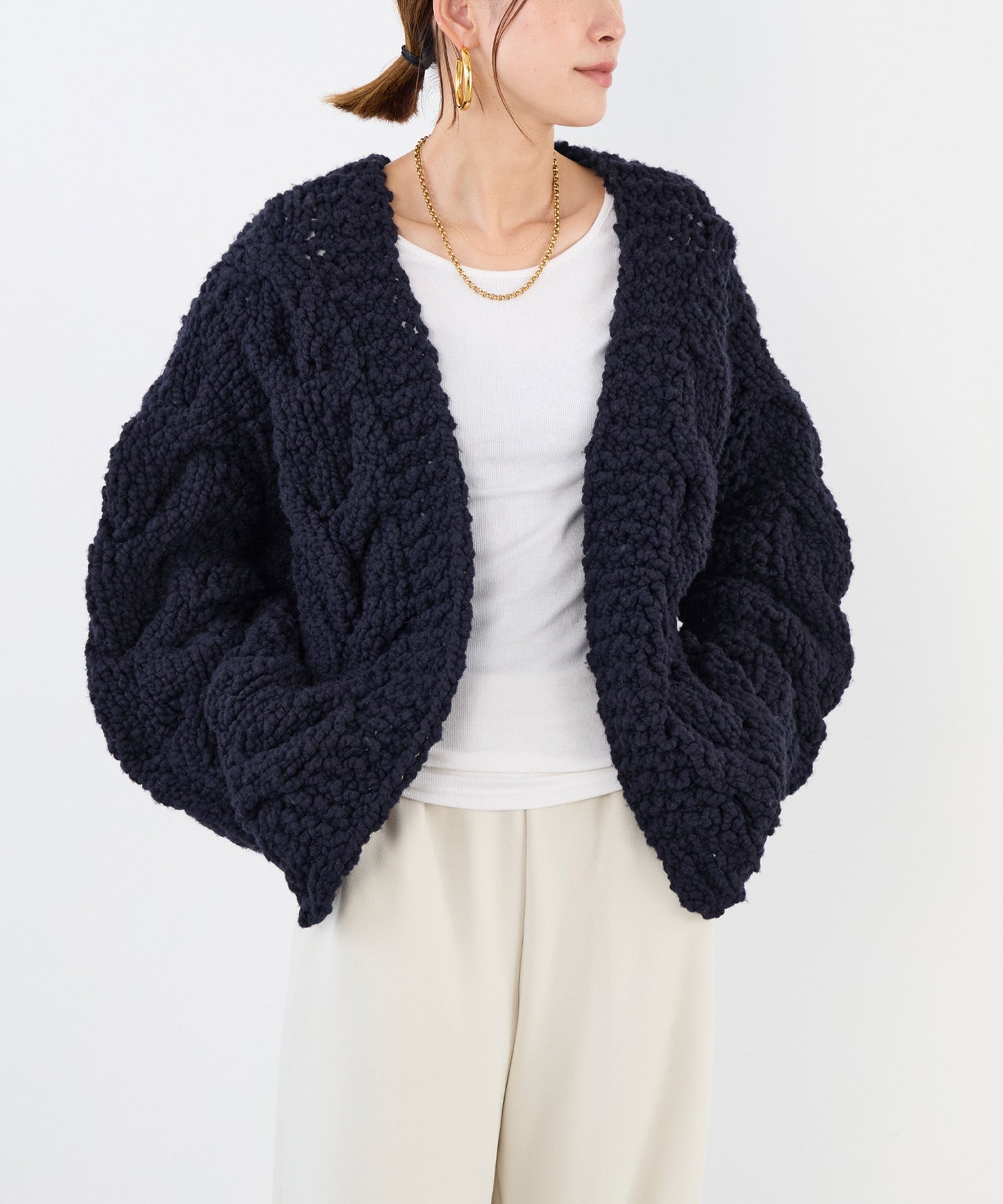 IRONING】ケーブルニットカーディガン-cable rough cardigan